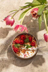 yogurt with granola, oatmeal, raspberries, mint, breakfast, Easter