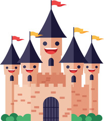 Happy cartoon castle with colorful flags in a flat vector illustration