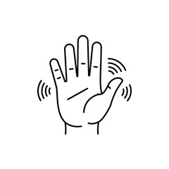 Hand gesture wave symbol: A stylized outline of a hand, its fingers outstretched in a wave gesture, conveying a sense of greeting, acknowledgment, or interaction.