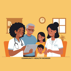 Community health worker: A caring community health worker offers patient care, guiding a family through the essential process of healthcare in a close and collaborative environment.