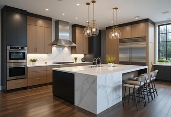 Modern Luxury Kitchen: Calacatta Gold Marble Island, Wood and Dark Cabinets, Stainless Steel Appliances, and Elegant Lighting