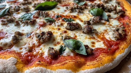 A close-up of a delicious homemade pizza with melted cheese and fresh toppings 