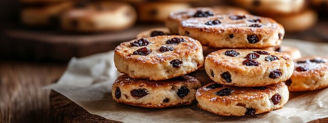 Realistic pile of mini Welsh cakes, griddle-cooked, lightly spiced with raisins, dusted with sugar, rustic texture photo.