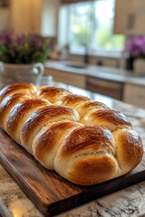 Freshly Baked Golden Brioche Bread on Kitchen Counter with Blurred Background
