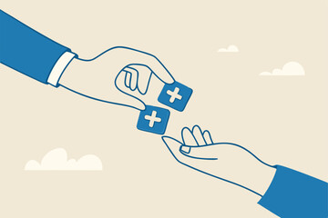 Forward positivity, growth mindset or success attitude, positive feedback, happiness or encourage people, support or optimistic concept, businessman hand forward positive plus sign to colleagues.