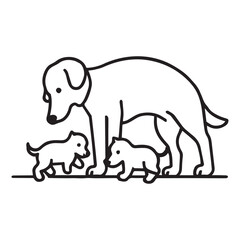 A basic monoline style logo illustration of a mother dog playing with 3 puppies.