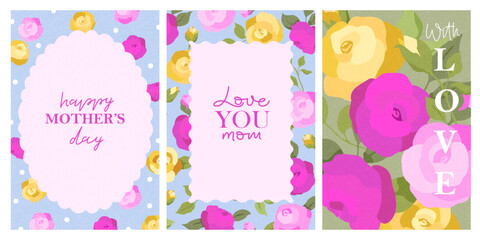 Mother's day cards set. Vintage  art chic design with roses, leaves, lettering. Bright colorful romantic design. Holiday cute cards, invitations, covers, post, message template.