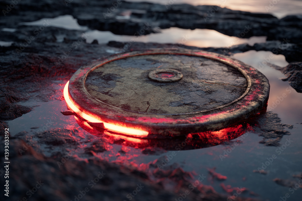 Poster circular stone disc with glowing red rim, rests on dark, wet rocks, creating a mysterious and futuri