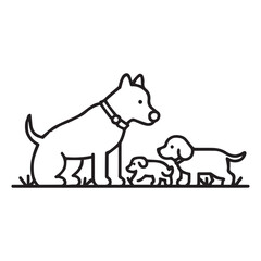 A basic monoline style logo illustration of a mother dog playing with 3 puppies.