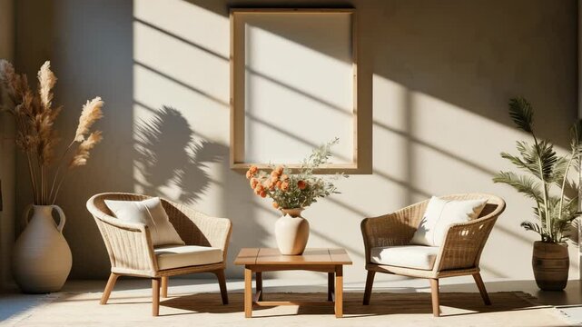 Chair, floral vase on the coffee table and a wall-mounted picture in the room.