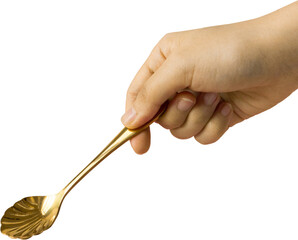 Hand holding gold tea spoon on isolated transparent background