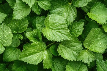 Close-up of vibrant green leaves covered in dew drops (1)