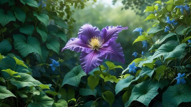 Clematis viticella purple flowers in the garden. Violet blue Clematis, Multi Blue thick plants. Purple-blue blooms surrounded by green leaves.