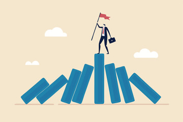 Winner take all, survive business competition or strength to overcome difficulty, economic crisis or recession, business winner concept, success businessman on stand strong bar graph domino collapse.