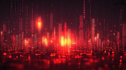Fototapeta premium Red digital skyline shaped from bar graphs and charts, glowing orange particles float in air, analytics tower icons suggest data-driven competition and growth.