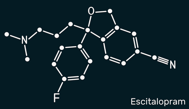 Escitalopram, S -citalopram molecule. Antidepressant medication of the selective serotonin reuptake inhibitor SSRI. Scientific illustration