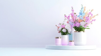 Fototapeta premium Pastel flowers in vases on a pedestal