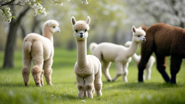 Young alpacas with their mothers, a kind of mammal