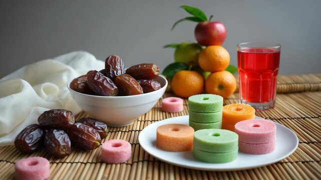 Typical and simple iftar foods during the fasting month include refreshing cold syrup drinks, sweet dates, and kuih. Artistic representation.