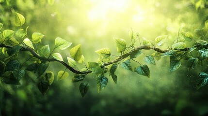 Obraz premium Green arrows grow into curling vines concept blends finance and nature as sunlight glows through wet leaves, soft bokeh and overlays imply eco-growth harmony