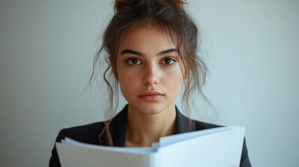 Obraz premium Confident Young Woman Holding Documents with Neutral Expression