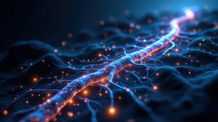 Image showcases a VNS implant device with highlighted connections resembling neurons, emphasizing the interaction between technology and biological systems for treatment purposes.