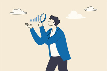 Company transparency, business analysis or report, information or statistic, search for market growth, economic or improvement concept, businessman look through magnifying glass analyze graph.