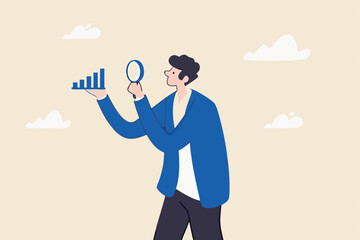 Company transparency, business analysis or report, information or statistic, search for market growth, economic or improvement concept, businessman look through magnifying glass analyze graph.