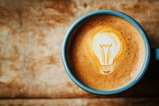 Latte with light bulb foam art in blue mug on wood