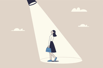 Woman in spotlight, success candidate for job vacancy, outstanding high performance employee, ambition or opportunity concept, confident outstanding businesswoman standing in bright spotlight.