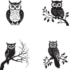 Set of owl black and white silhouette vector on white background