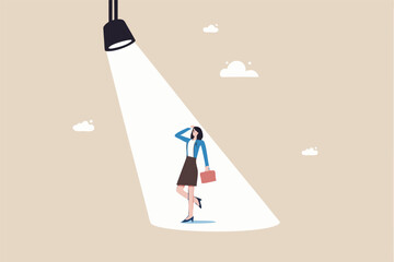 Woman in spotlight, success candidate for job vacancy, outstanding high performance employee, ambition or opportunity concept, confident outstanding businesswoman standing in bright spotlight.