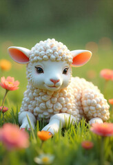 A cute lamb with white wool lying in a field of green grass and colorful flowers, soft lighting, bright colors, cartoonish style...