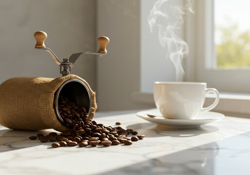 Moedor de caf&eacute; manual com gr&atilde;os torrados e x&iacute;cara de caf&eacute; fumegante.