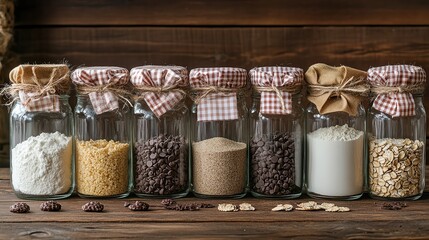  Mason jars filled with baking ingredients&mdash;flour, sugar, oats, chocolate chips&mdash;lined up for charming homemade gift idea