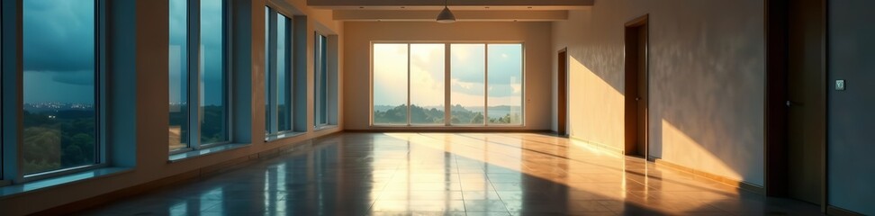 Empty hallway with sunlight filtering through windows and stormy clouds outside, architecture, windows