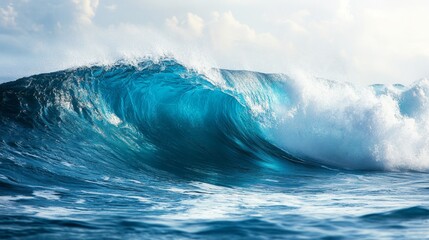 Fototapeta premium Dramatic profile view of an ocean wave intense blue water frothing under the warm sunlight