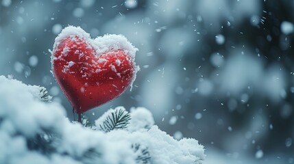 Fototapeta premium A freezing red heart covered in snow rests on a snowcovered tree branch