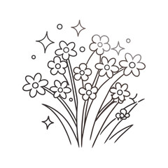 Wildflower bouquet vector in delicate outline style with sparkles for spring, nature, and floral themes