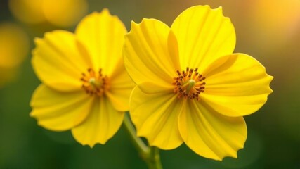 Obraz premium Close-up of vibrant yellow cosmos flowers in bloom on green blurred background.