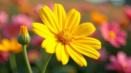 Bright yellow daisy flower in bloom with soft pink daisies in background.