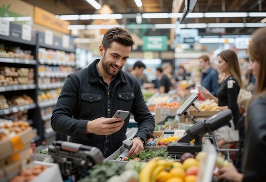 Young man shopping at grocery store while using smartphone to check prices and compare groceries with shoppers around