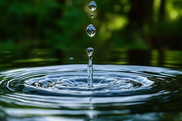 Water droplets forming ripples as they impact a liquid surface