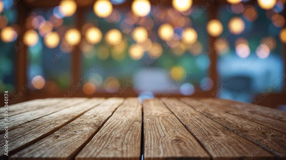 Poster empty wooden table surface with illuminated backdrop in soft focus.