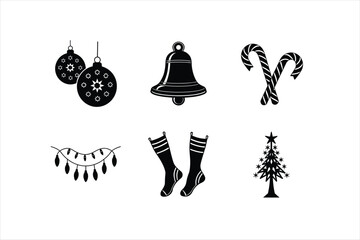 Christmas Elements Silhouette Vector illustration Set – Baubles, Bell, Candy Canes, Lights, Stockings & Tree Topper