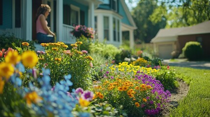  Colorful flower garden blooming along front porch with woman sitting nearby, lush greenery and sunshine brighten peaceful residential yard.