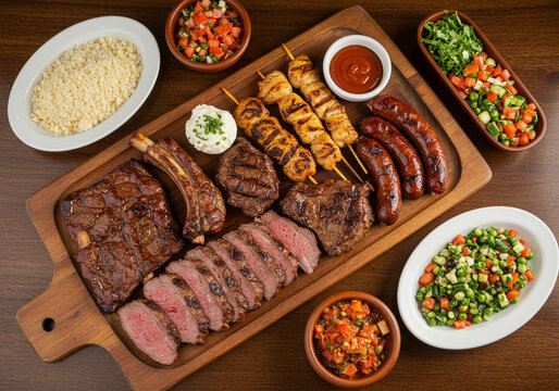 Mesa de churrasco variado com carnes nobres, saladas e acompanhamentos t&iacute;picos do Brasil