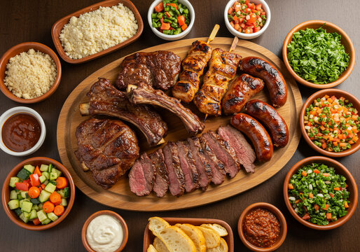 Mesa de churrasco variado com carnes nobres, saladas e acompanhamentos t&iacute;picos do Brasil