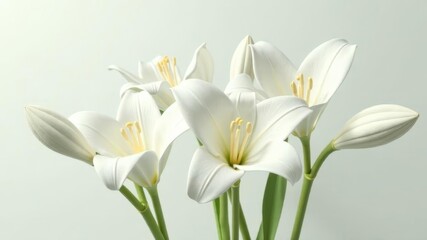 Naklejka premium Elegant white lilies in bloom against soft pastel background in natural light.