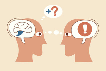 Perception process to interpret information, thought or opinion depend on personality or perspective, difference bias or illusion concept, human head looking at object with difference perception.